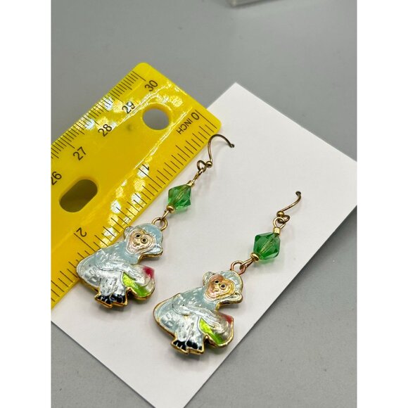 Enamel Silvery Blue Monkey Dangle Earrings with Green Bead Accents Double Sided - Picture 5 of 5